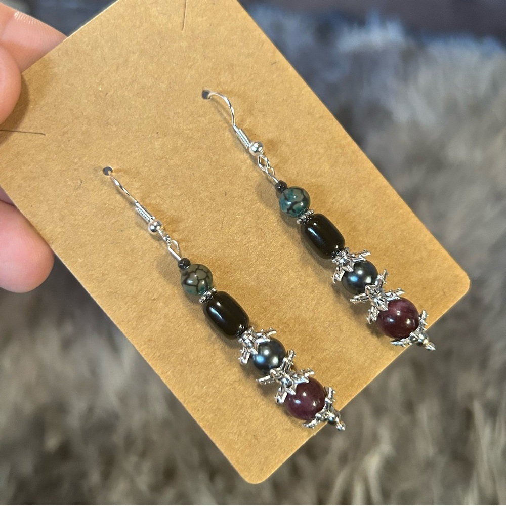 Handcrafted genuine almandine garnet dragon vein agate faceted hematite earrings